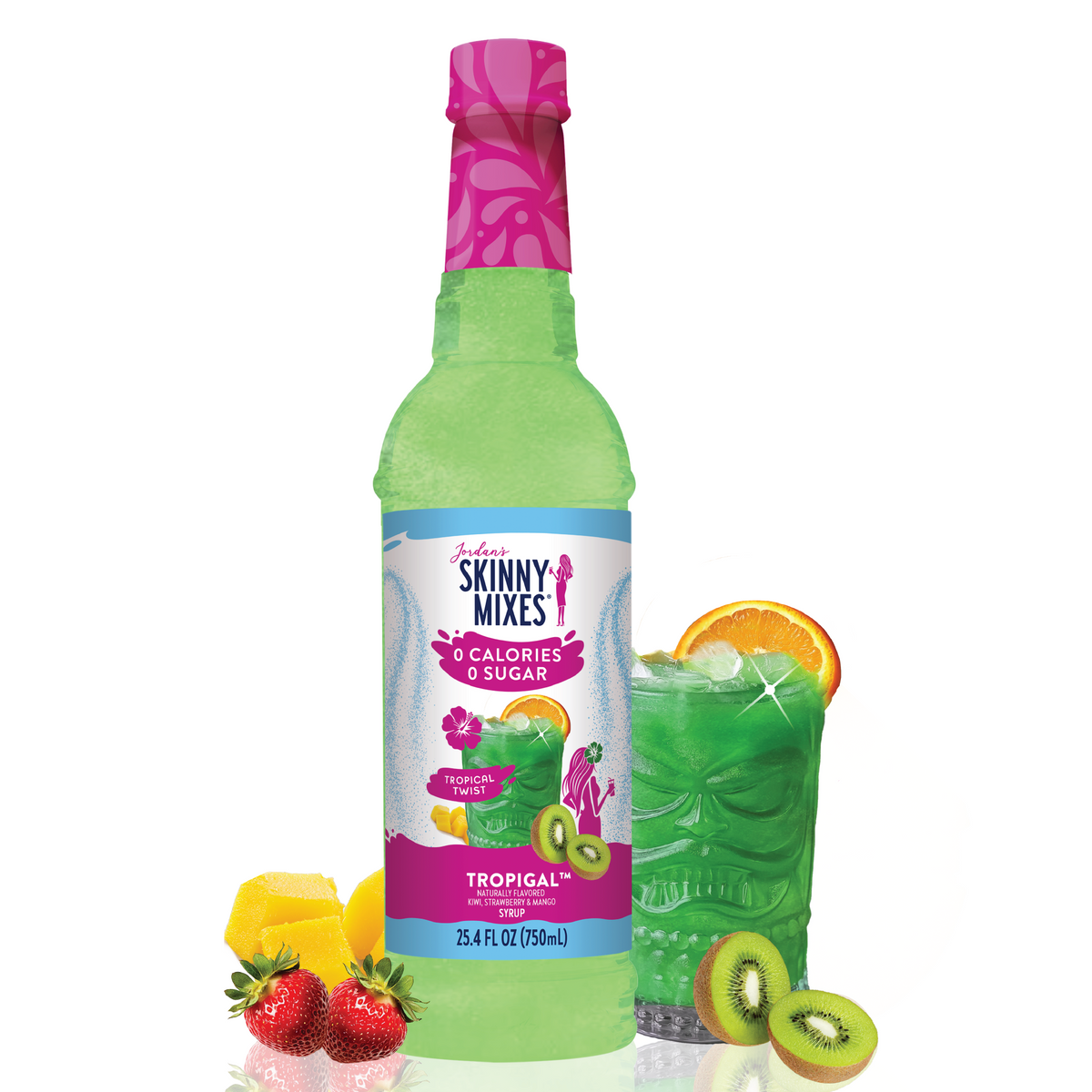 bottle of Tropigal Sugar Free Syrup with a cocktail and fruit ices arranged around it