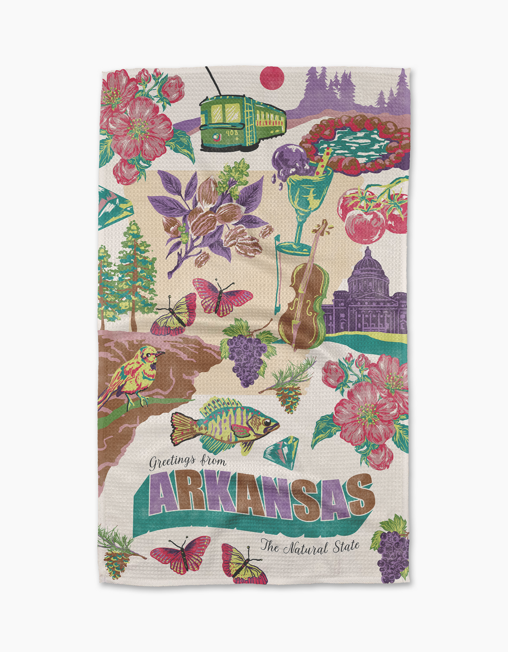 Greetings From Arkansas Tea Towel laying on a white surface