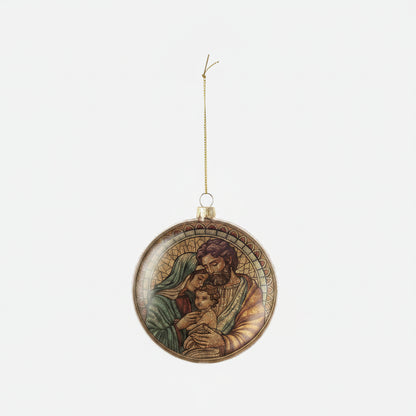ornament featuring mary, joseph, and jesus