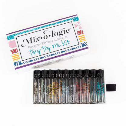 Mixologie blendable perfume collection with sample vials and packaging on a white background
