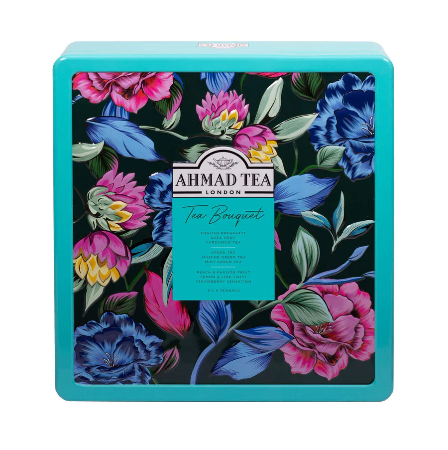 teal tin of Ahmad Tea assortment with floral design 