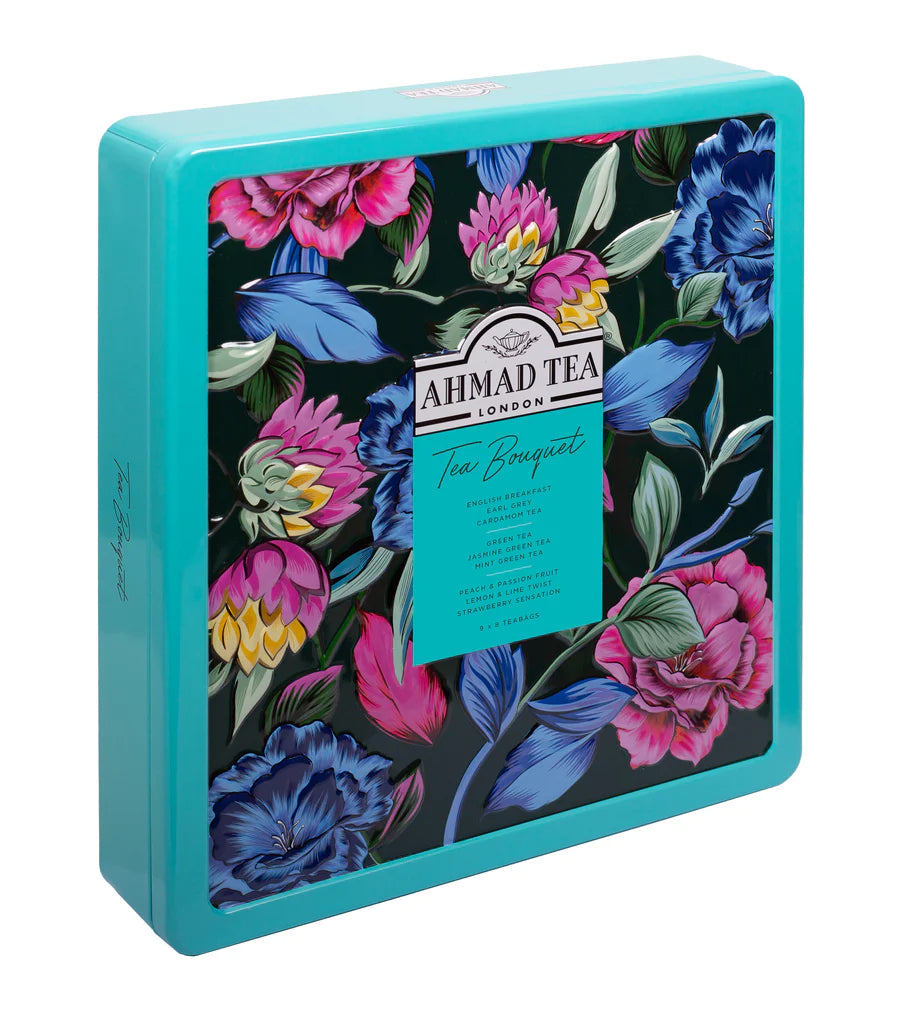 angled view of teal tin of ahmad tea assortment