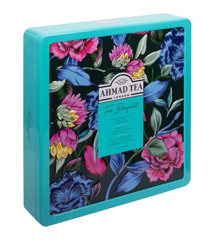 angled view of teal tin of ahmad tea assortment