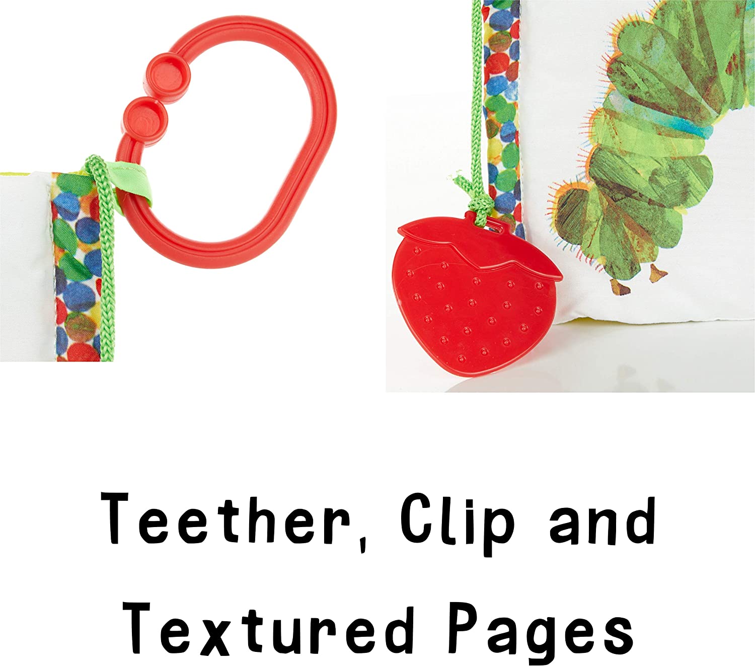 close-up of strawberry teether and clip of Eric Carle - The Very Hungry Caterpillar Soft Book with Strawberry Teether