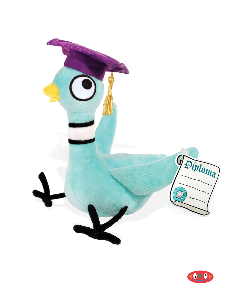 Front angle view of The Pigeon Graduation Soft Plush Toy on a white background