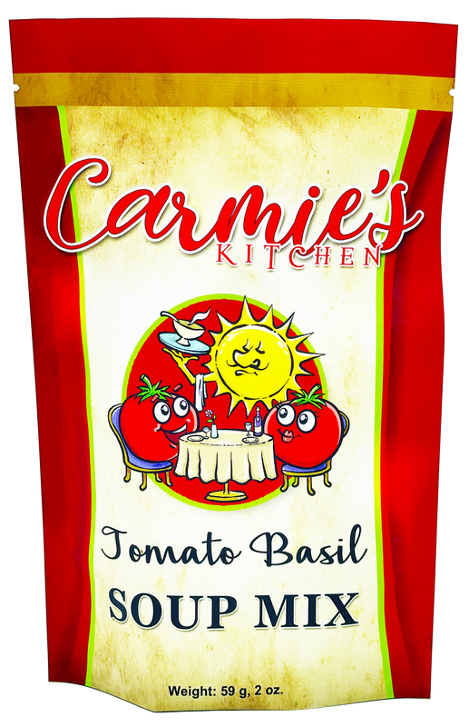 Packaging of Carmie's Kitchen Tomato Basil Soup Mix with a colorful design featuring tomatoes and a sun illustration.