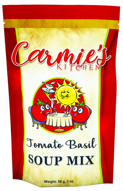 Packaging of Carmie's Kitchen Tomato Basil Soup Mix with a colorful design featuring tomatoes and a sun illustration.