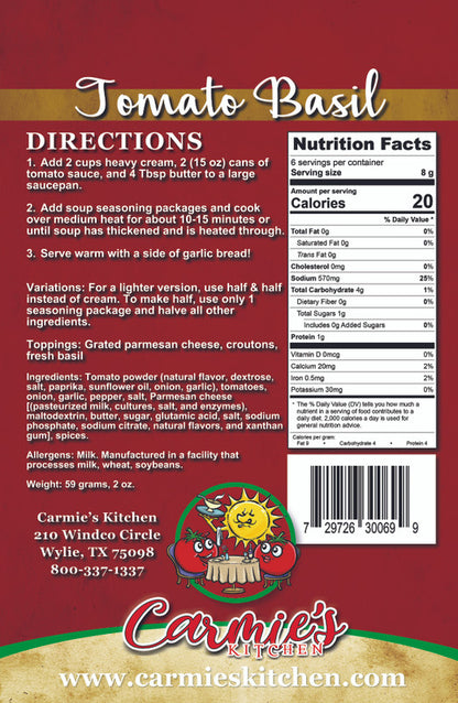 Nutrition facts on soup packaging. Call 501-327-2182 for more information.