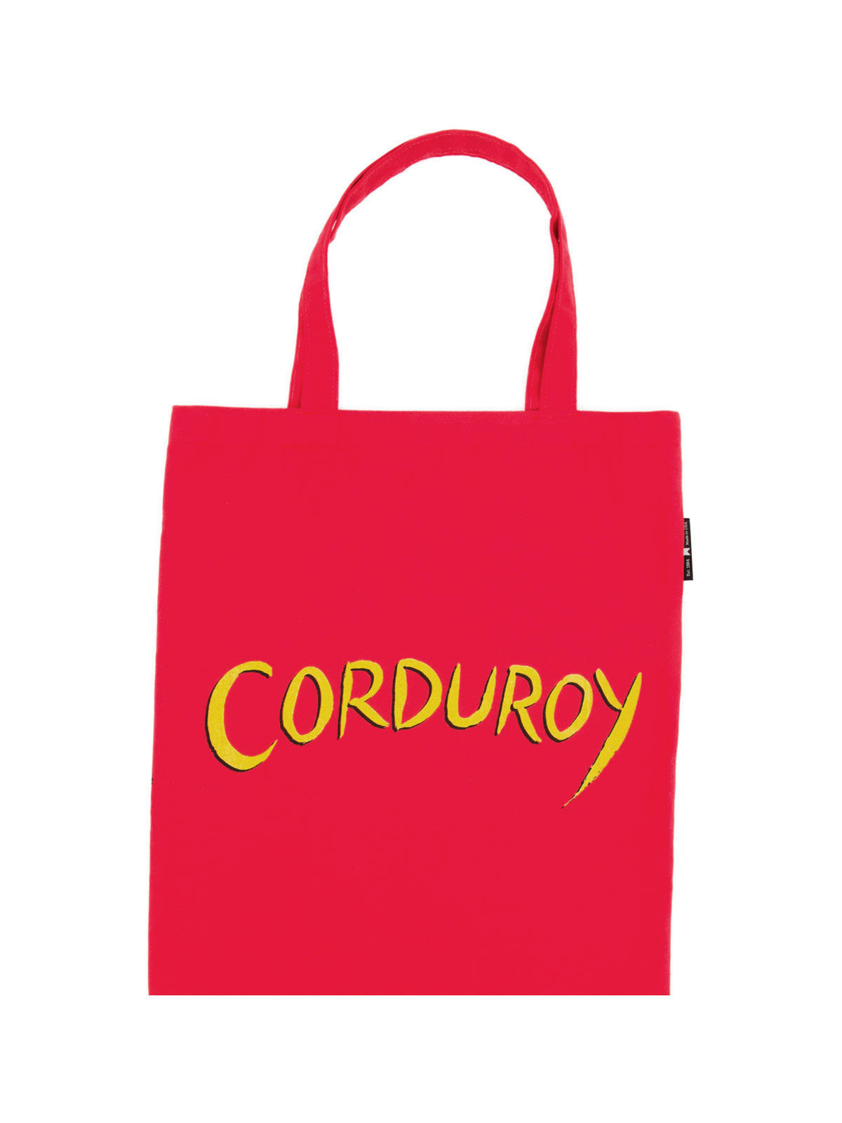 back of tote with yellow text "Corduroy"