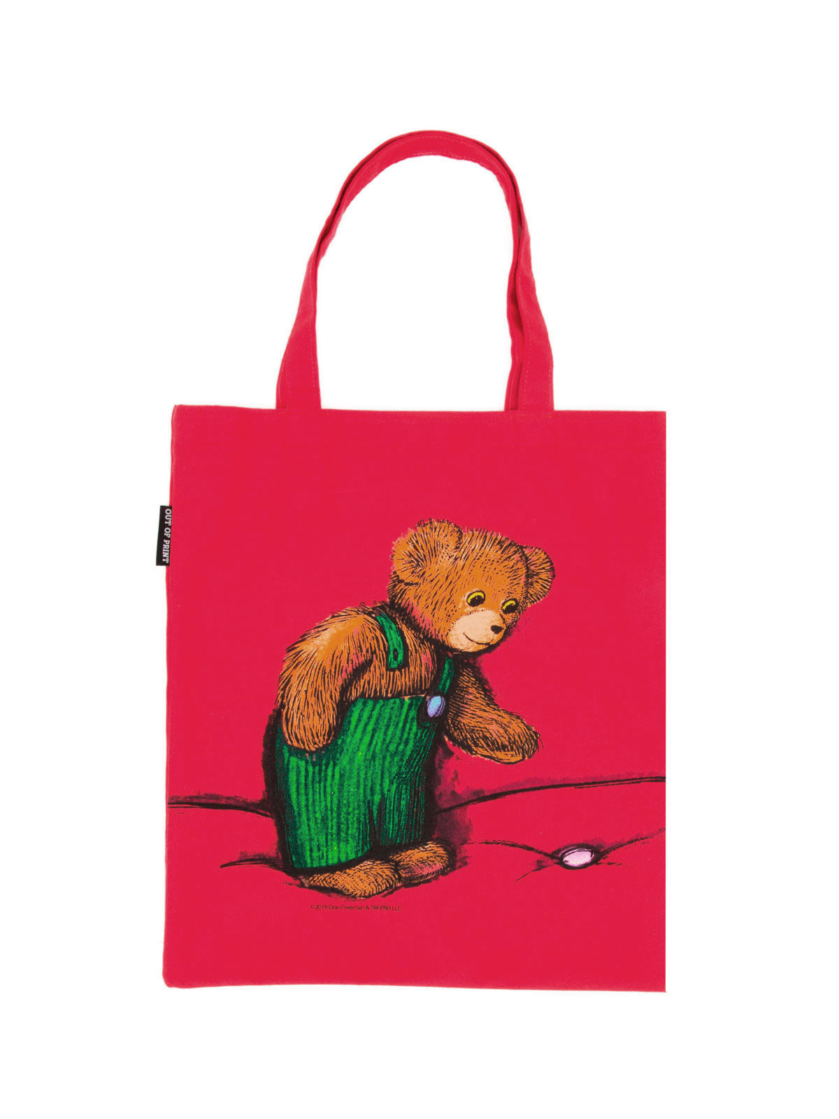 front of red tote with image of Corduroy Bear