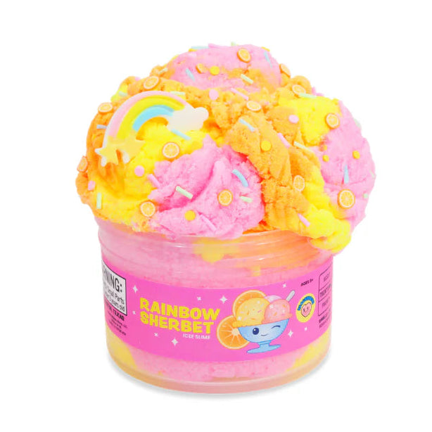 jar of rainbow sherbet slime with lid off