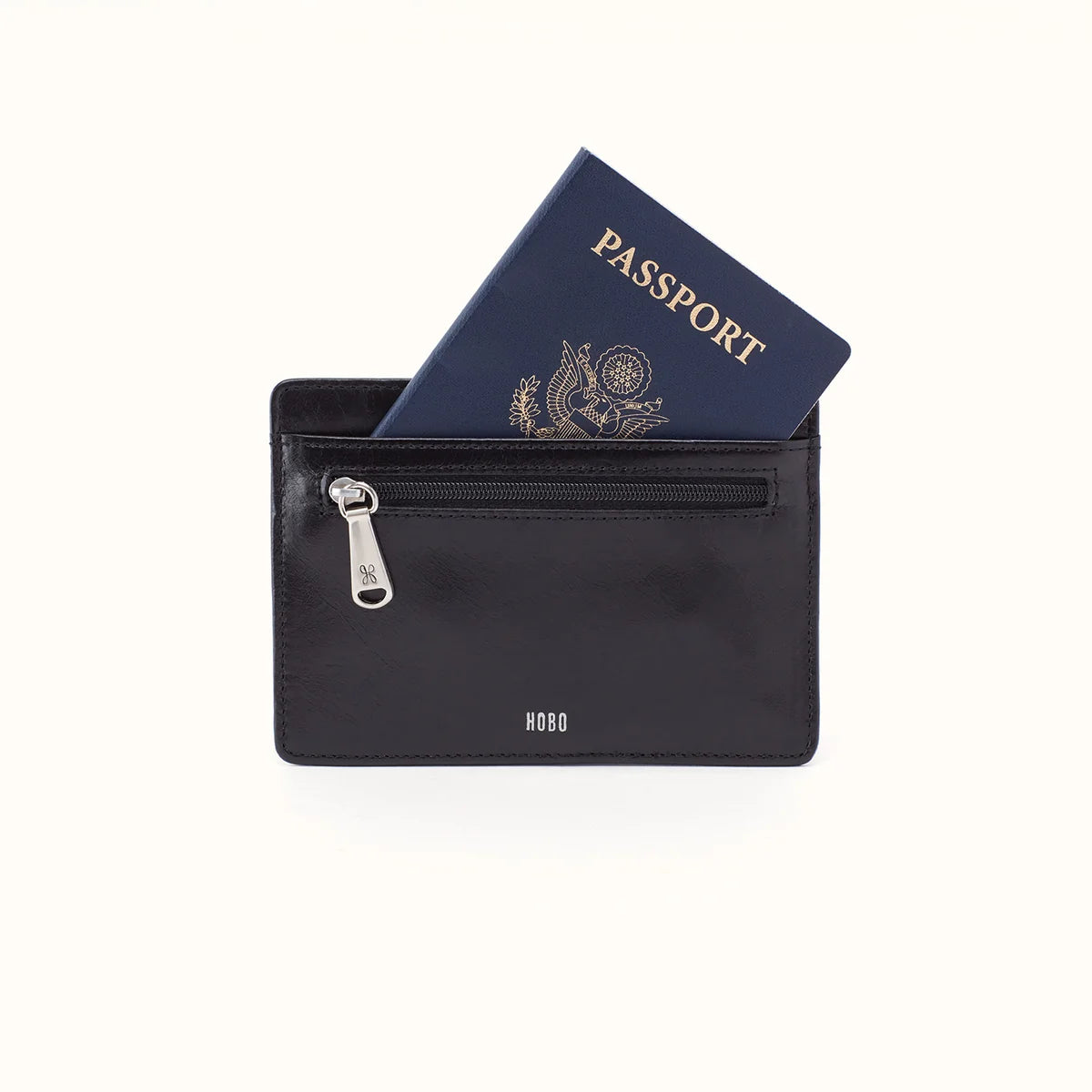 black euro slide wallet showing the passport holding side