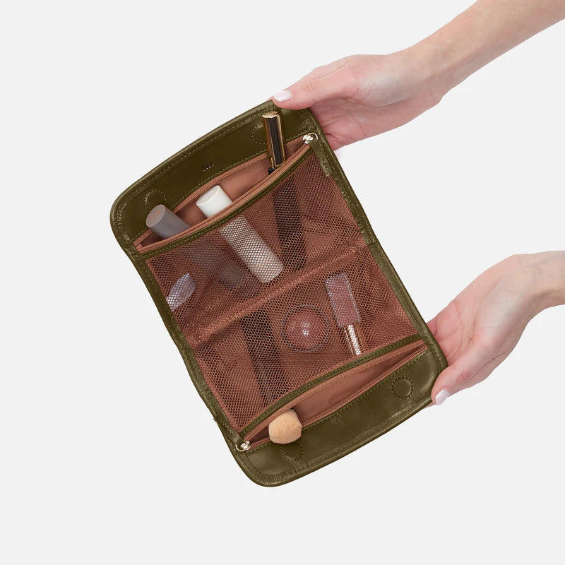 open view of the beauty organizer in the color olive veil