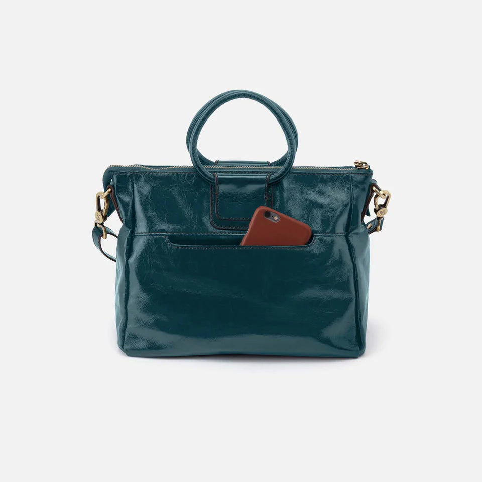 back view of wild bluegrass Sheila Medium Satchel with phone in pocket