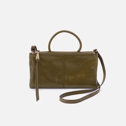 Olive Green handbag with a strap on a white background