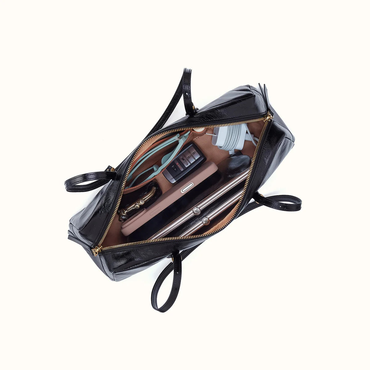 top down open view of the scottie satchel in black