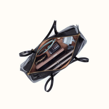 top down open view of the scottie satchel in black
