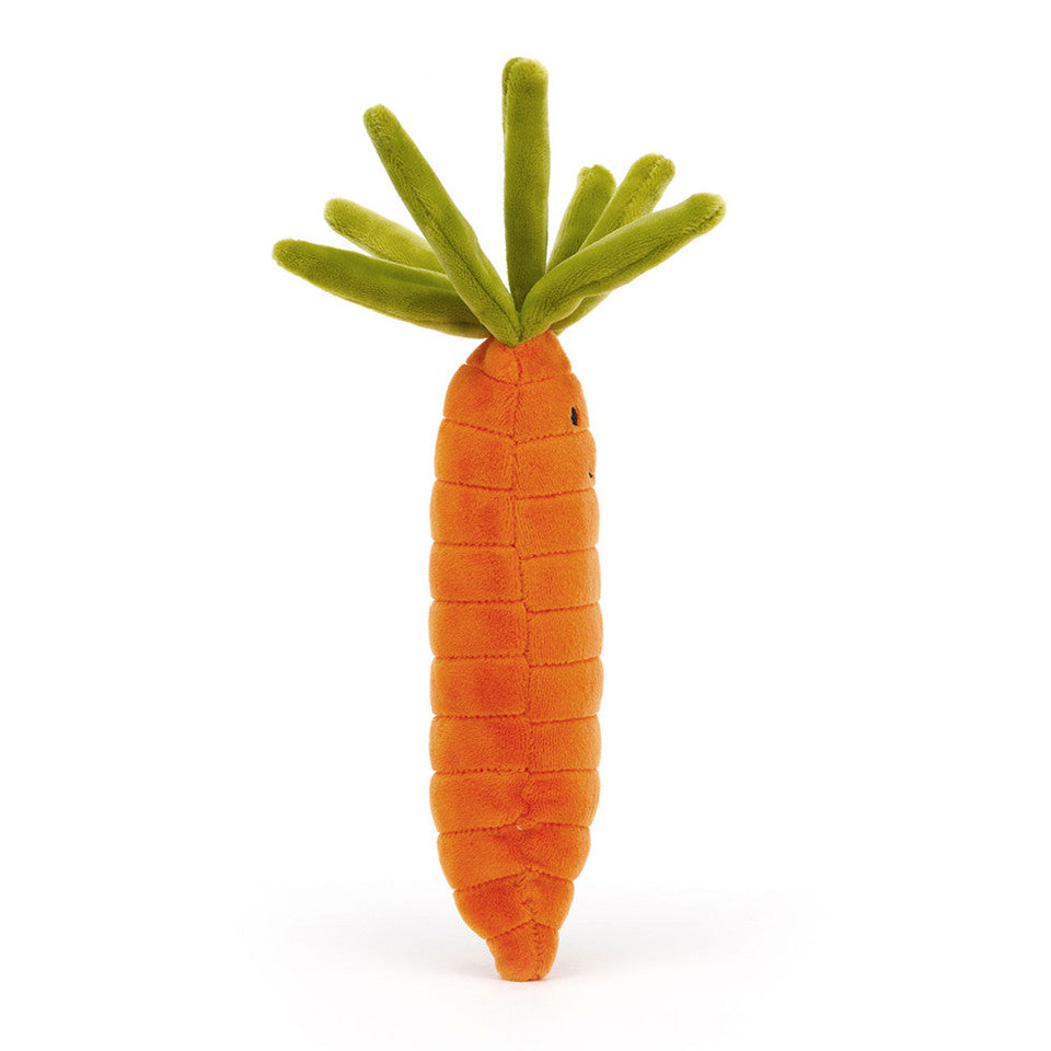 Side view of carrot plush toy.