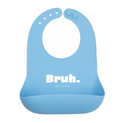 light blue silicone baby bid with "bruh" printed on it in white.