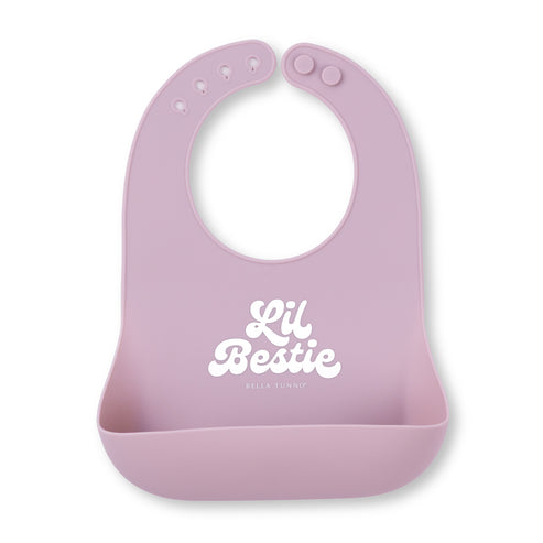 lavender bib with 'Lil Bestie' text on a white background
