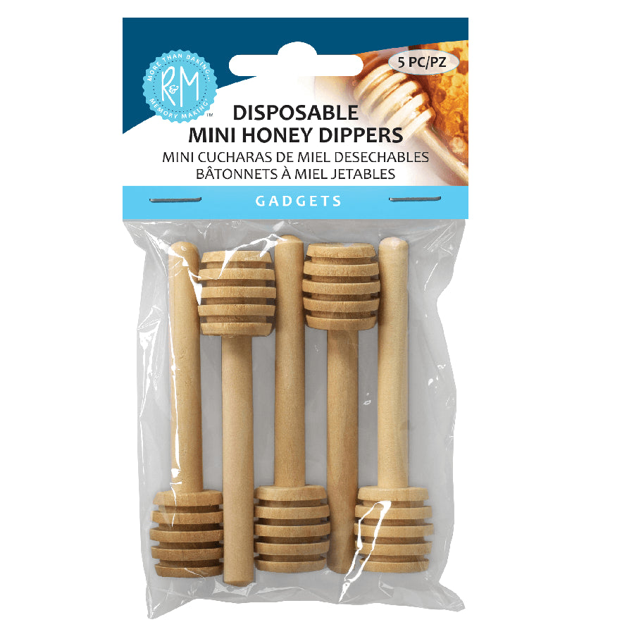 Pack of disposable mini honey dippers with packaging displaying brand name.