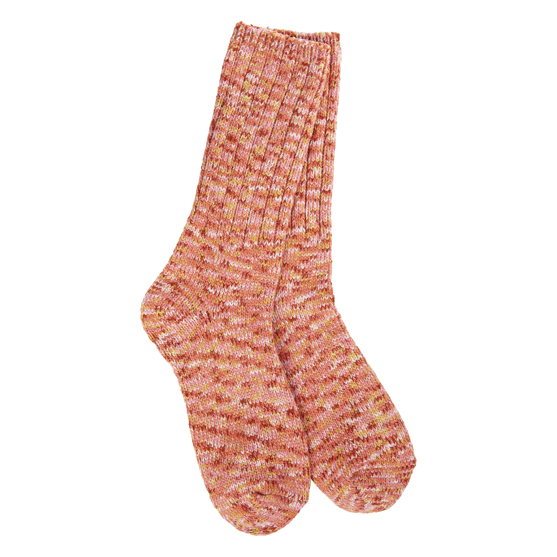 Pair of pink and orange patterned socks on a white background