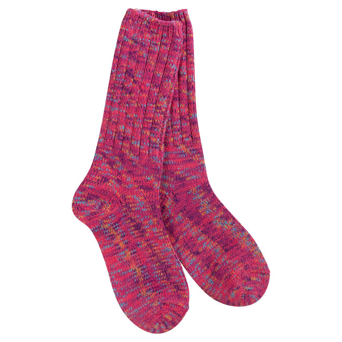 malibu weeknd ragg crew sock is dark pink with specks of blue, purple, and orange displayed against a white background