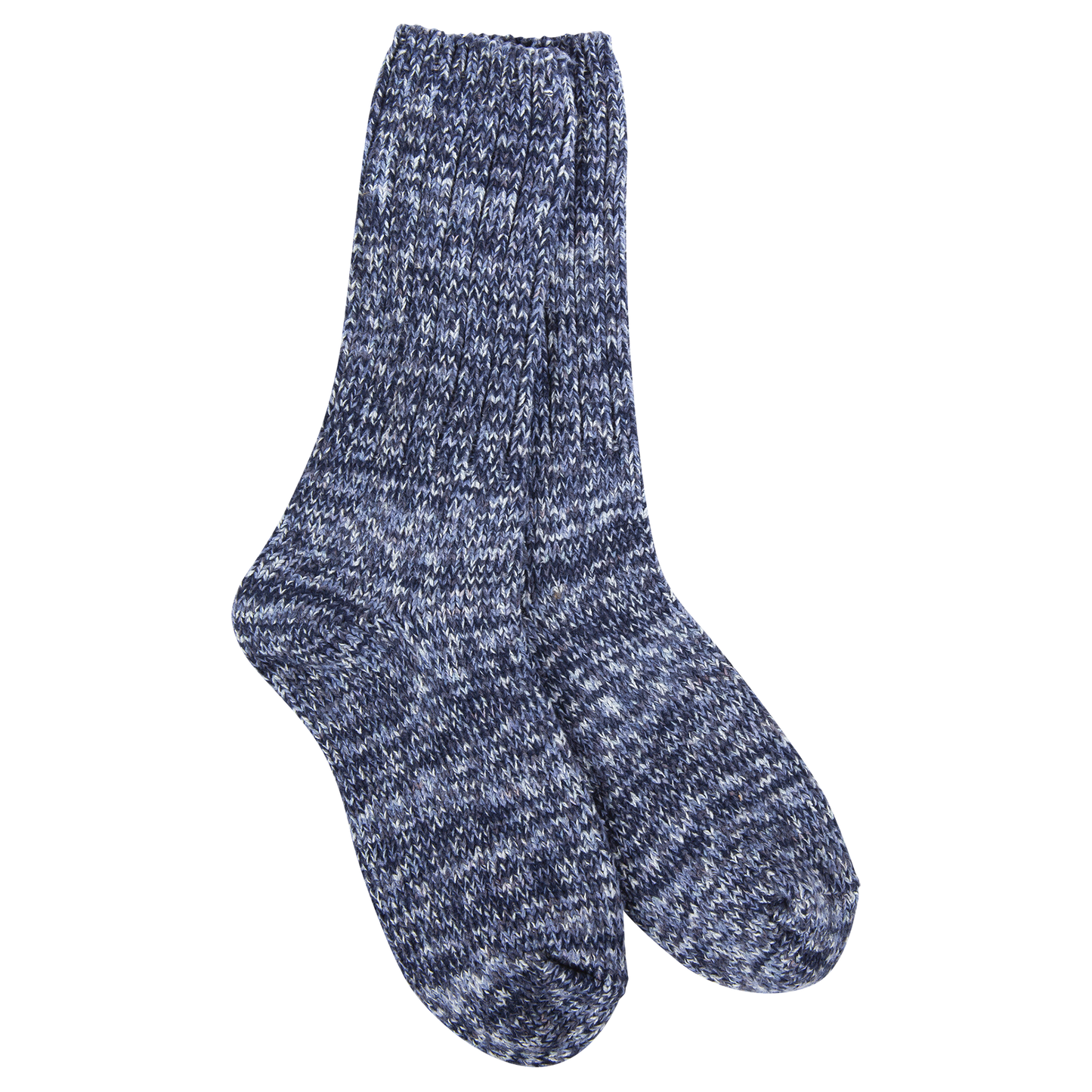 Blue and white marbled sock on a white background