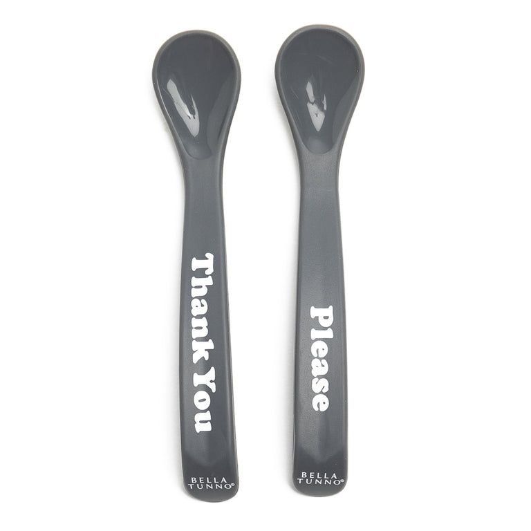 gray please and thank you spoon set displayed against a white background