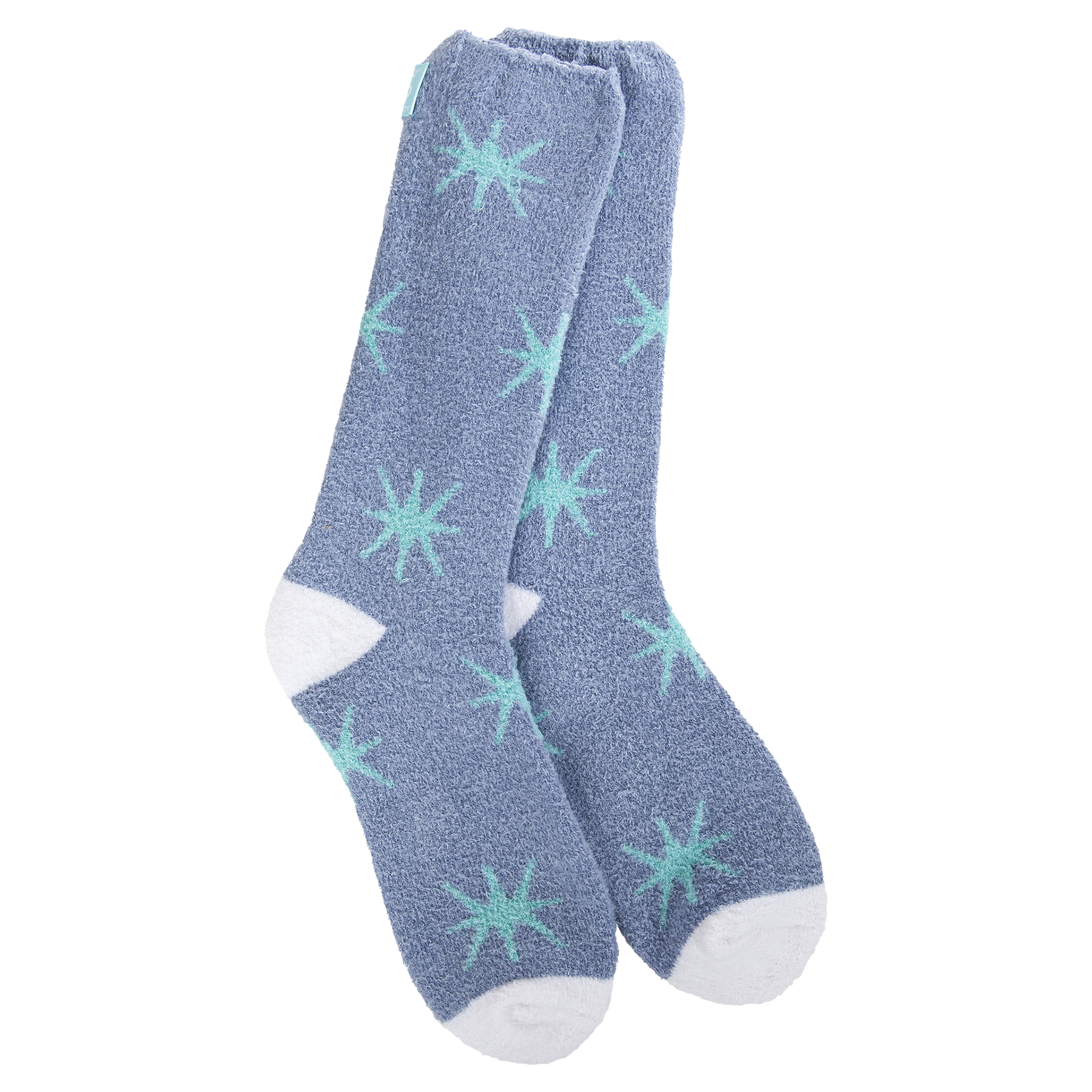 Pair of blue socks with star patterns on a white background