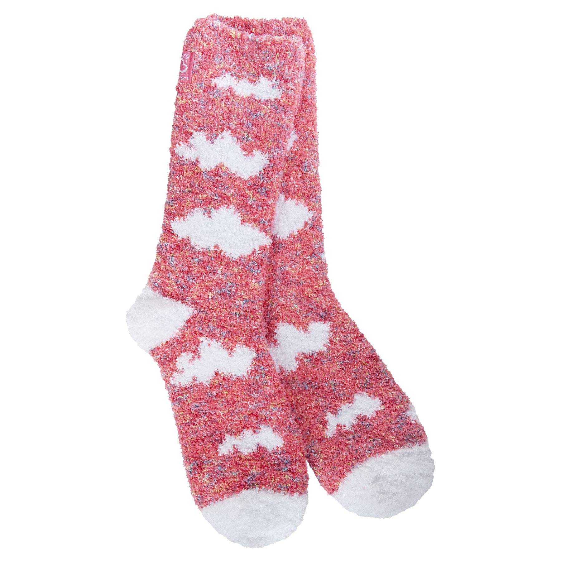 Pink socks with white cloud patterns on a white background