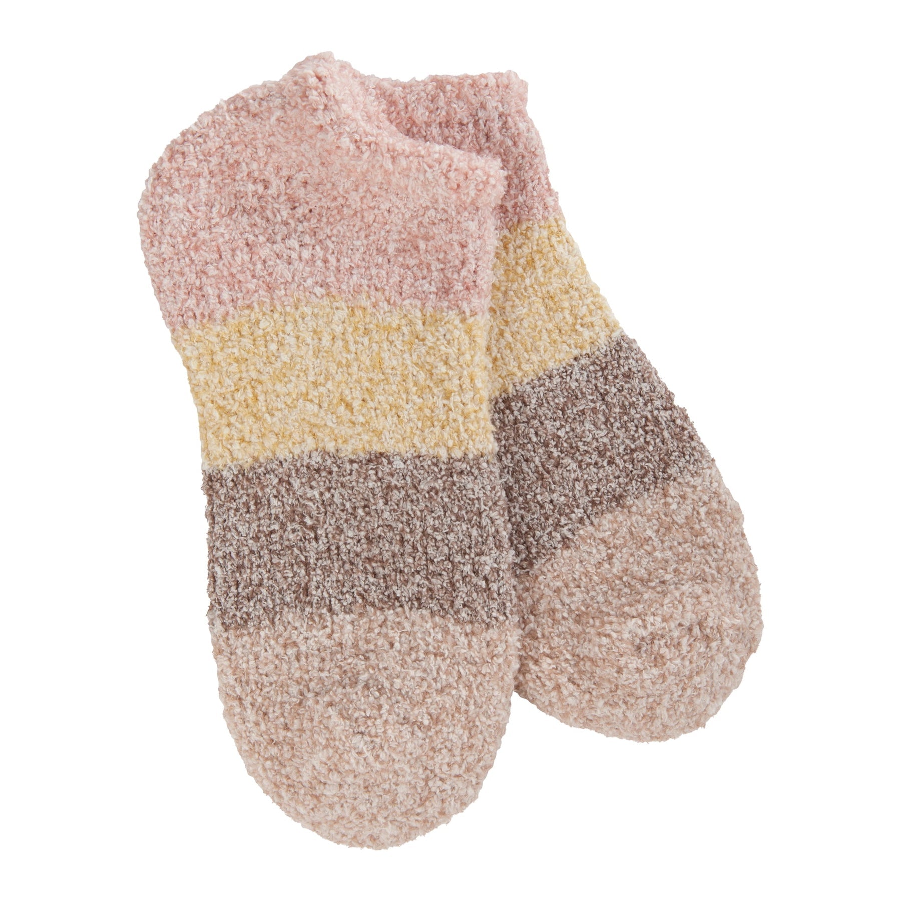 Pair of brown striped fuzzy socks on a white background