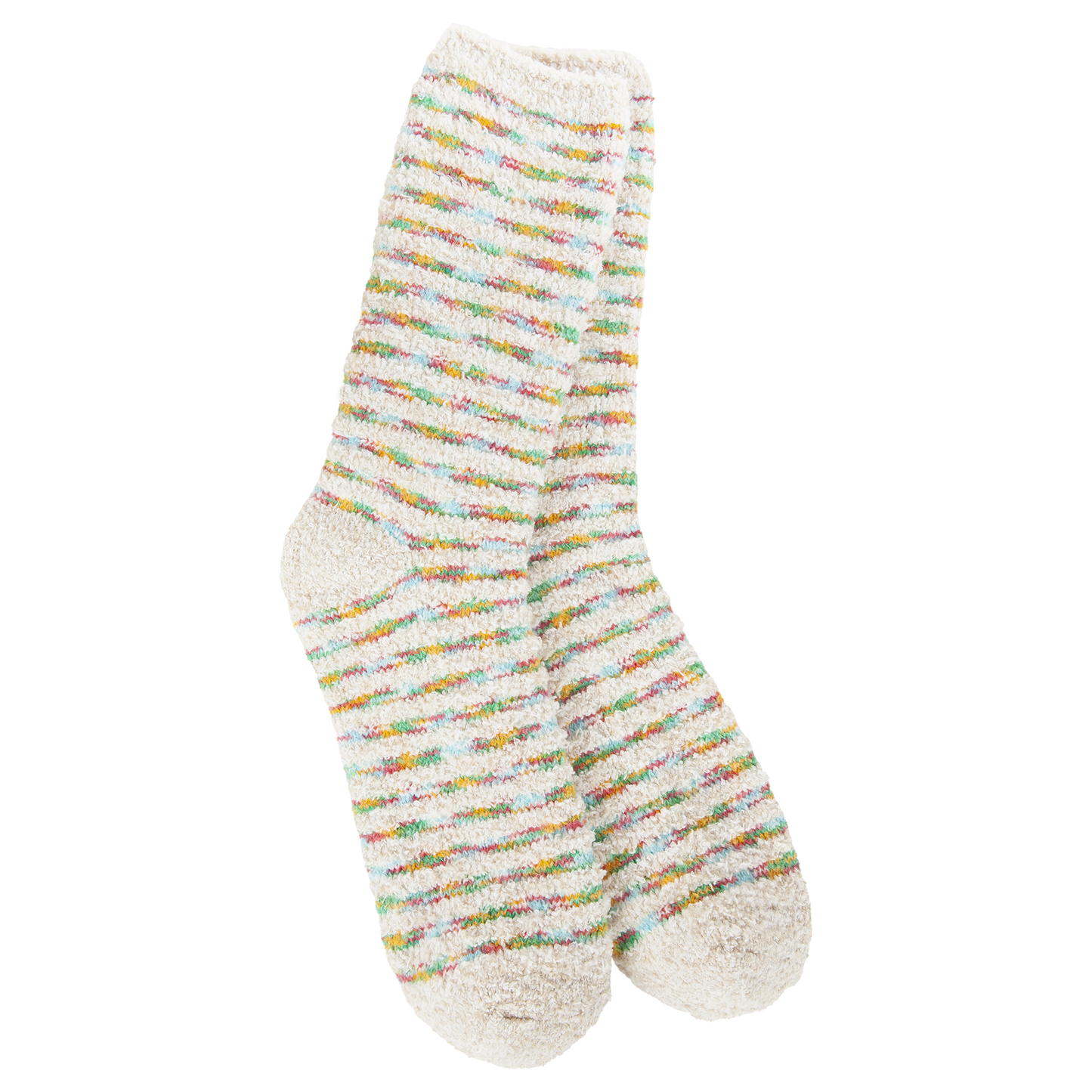 Multicolored fuzzy sock on a white background