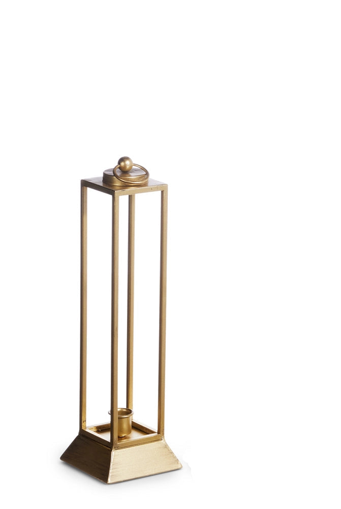 small narrow gold lantern with taper holder in the bottom