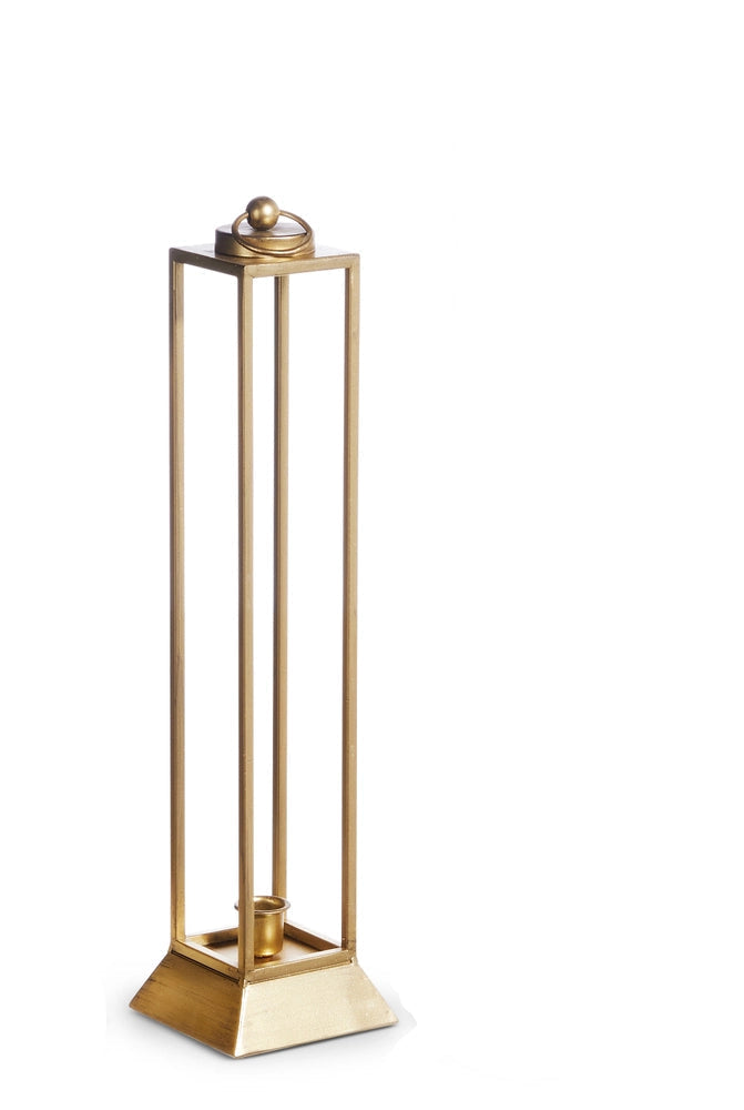 medium narrow gold lantern with taper holder in the bottom