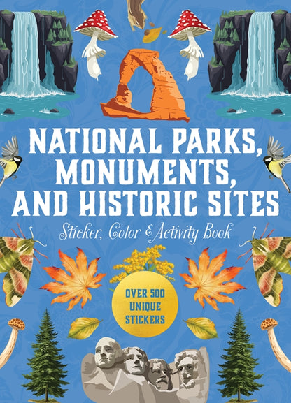 Sticker, color, and activity book cover with national parks and monuments illustrations on a blue background.
