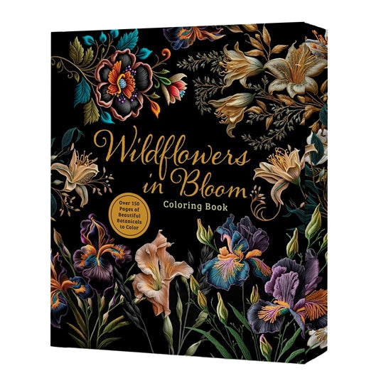 Coloring book titled 'Wildflowers in Bloom' with floral designs on a black background