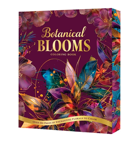 Coloring book titled 'Botanical Blooms' with floral designs on a purple background