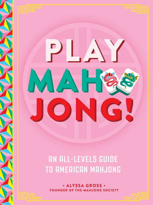 Book cover of 'Play Mahjong!' with colorful text and patterns on a pink background