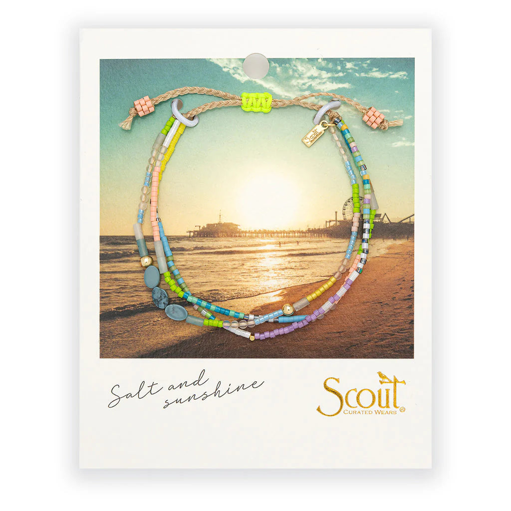 beaded bracelets in pastel hues hues on card packaging
