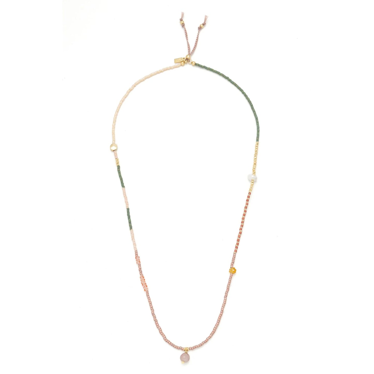 beaded wrap in pink, green, and gold hues shown laying as a necklace on a white background
