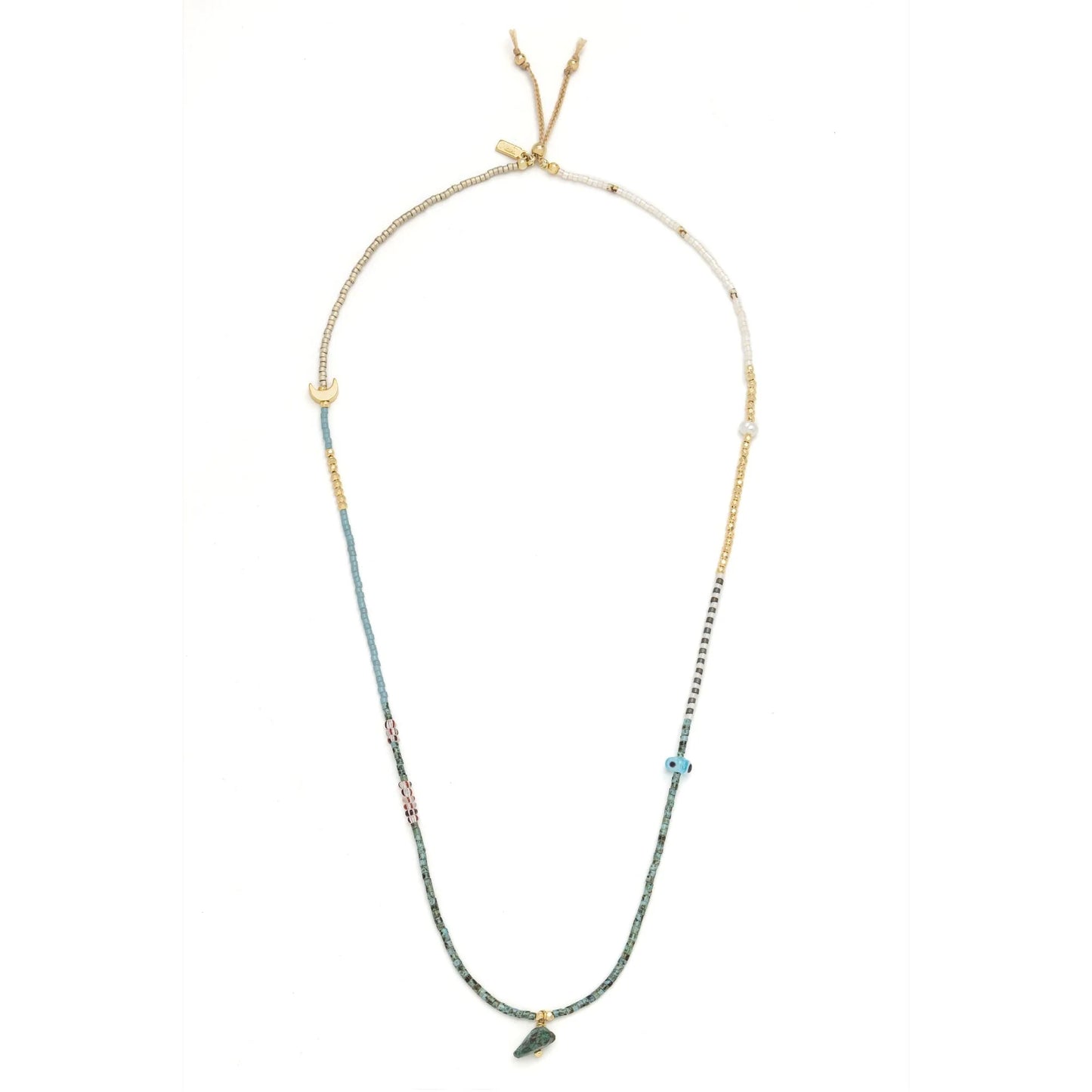 beaded wrap in blue, green, gold, and white hues shown laying as a necklace on a white background
