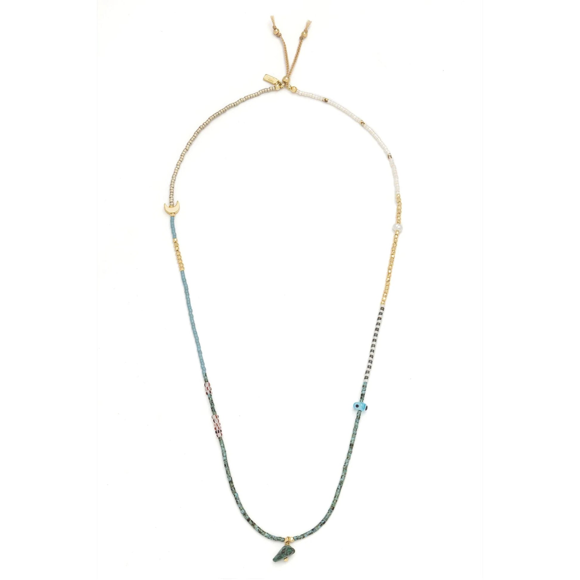 beaded wrap in blue, green, gold, and white hues shown laying as a necklace on a white background
