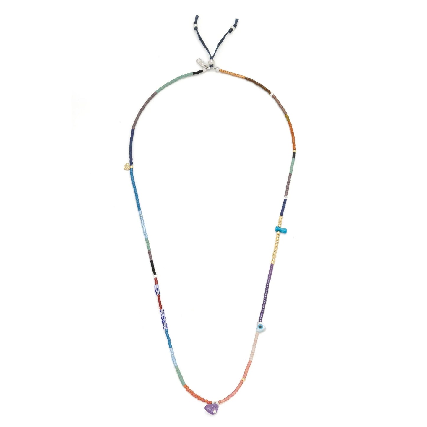 beaded wrap in a rainbow of hues shown laying as a necklace on a white background
