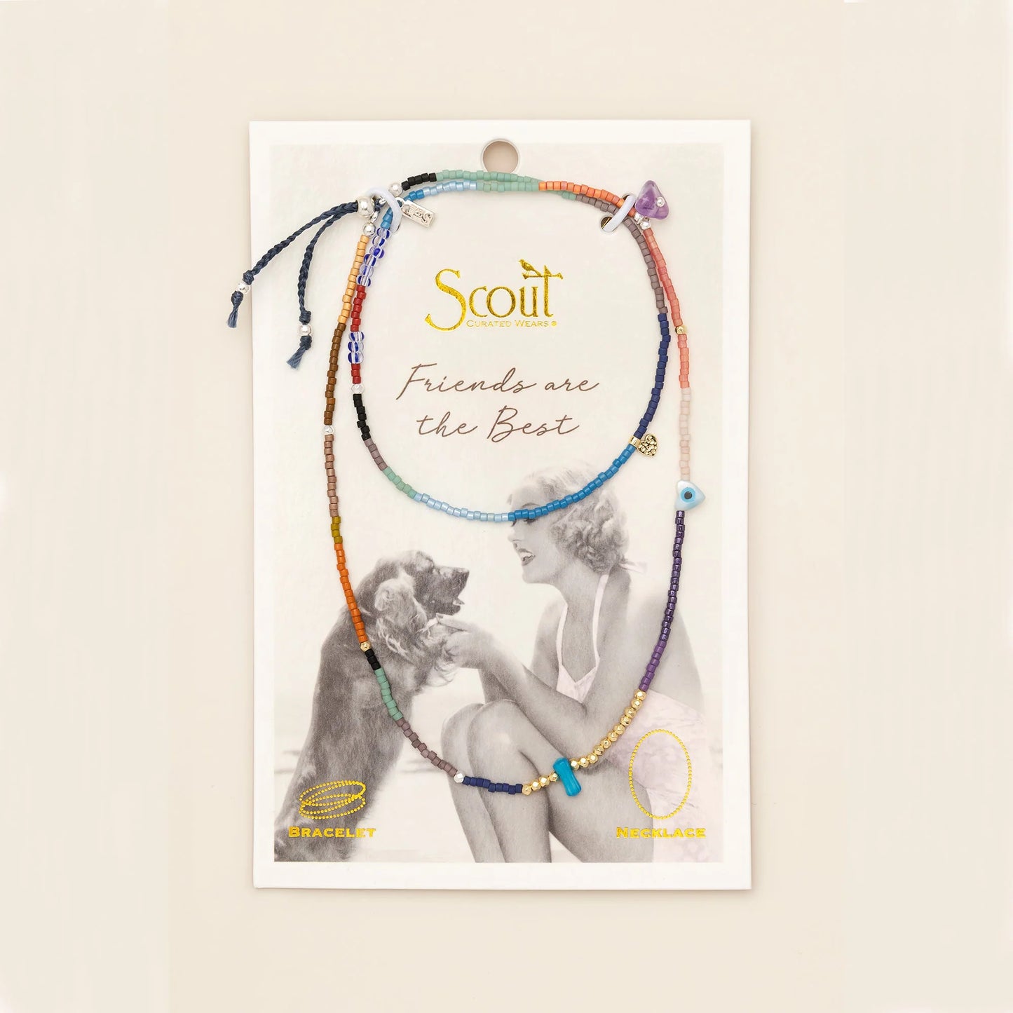 beaded wrap in a rainbow of hues with accent beads on its card packaging
