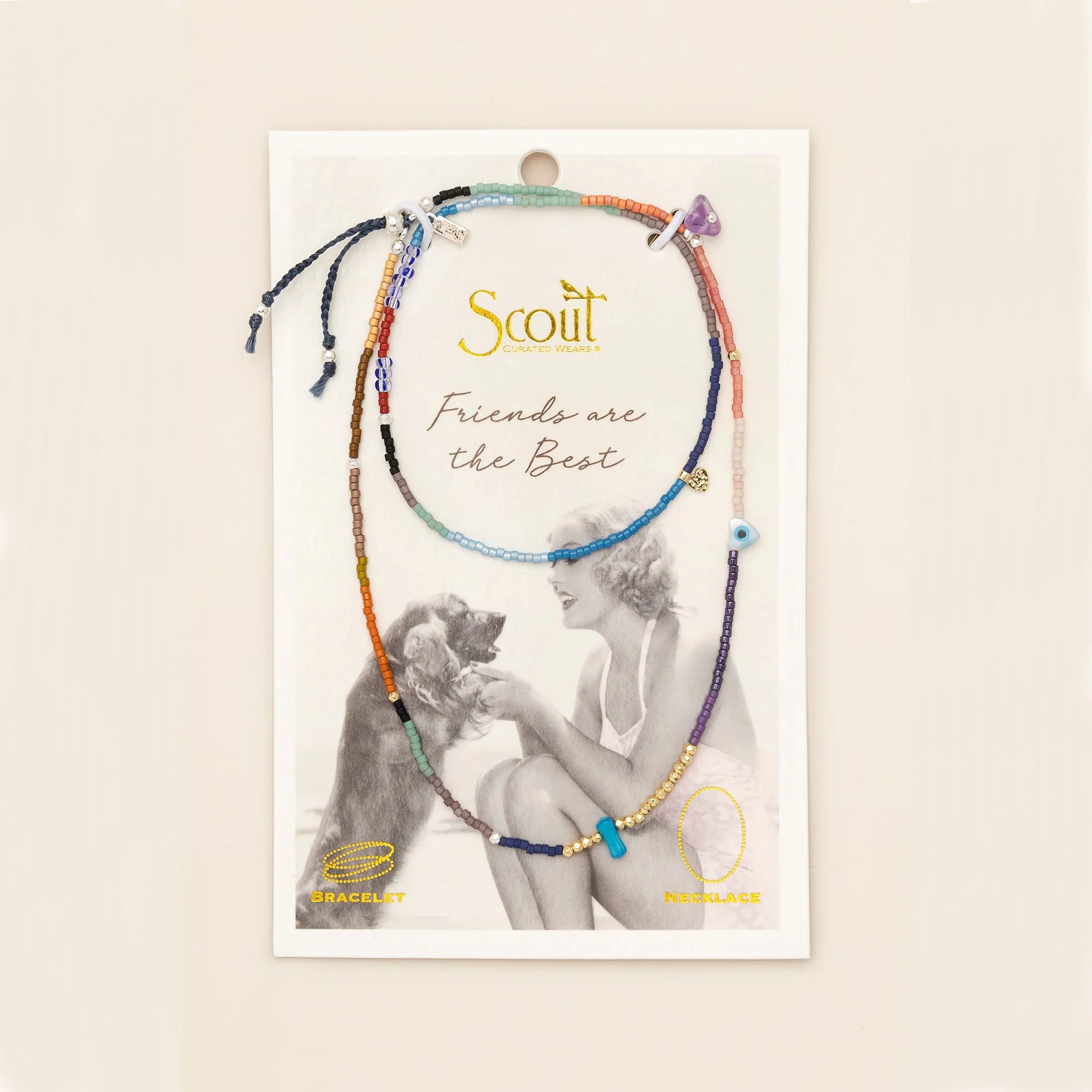 beaded wrap in a rainbow of hues with accent beads on its card packaging
