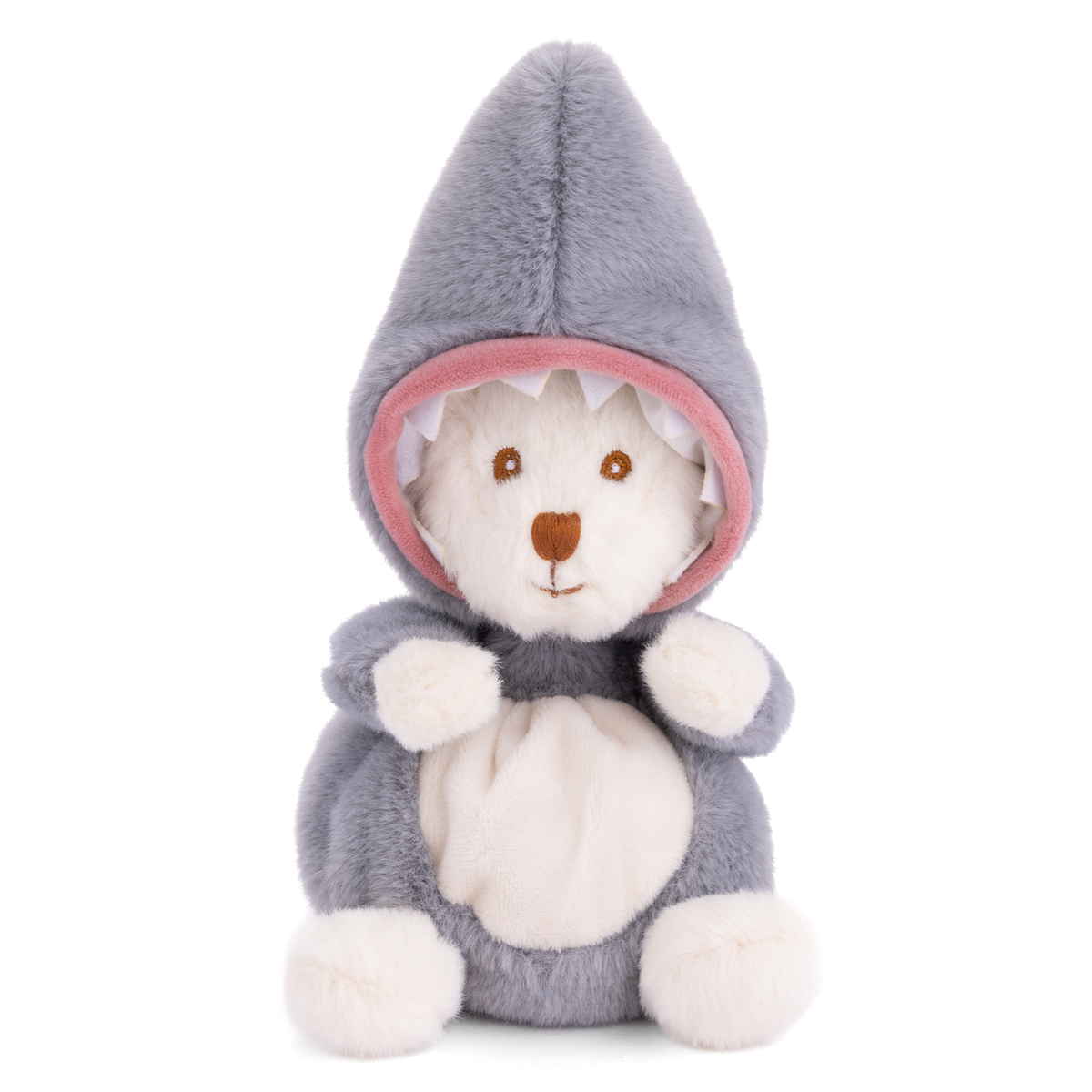 white plush teddy bear wearing a grey shark costume