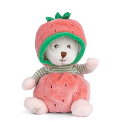 Ziggy Strawberry Plush Toy with hood on
