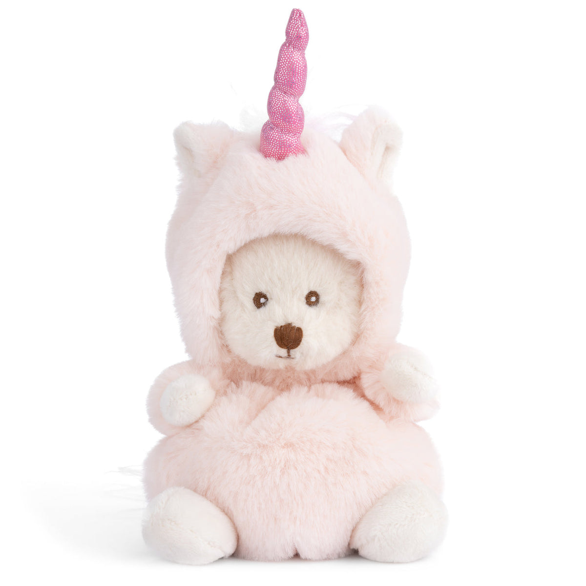 Plush toy bear in a unicorn costume with a pink horn on a white background