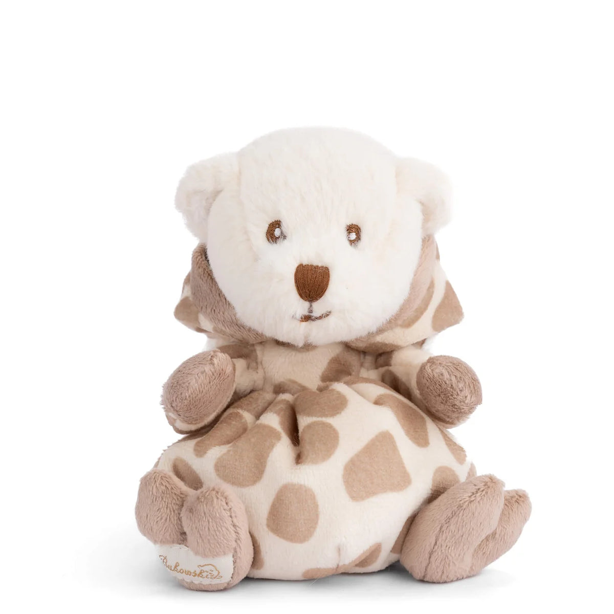 white bear plush with its giraffe hood off